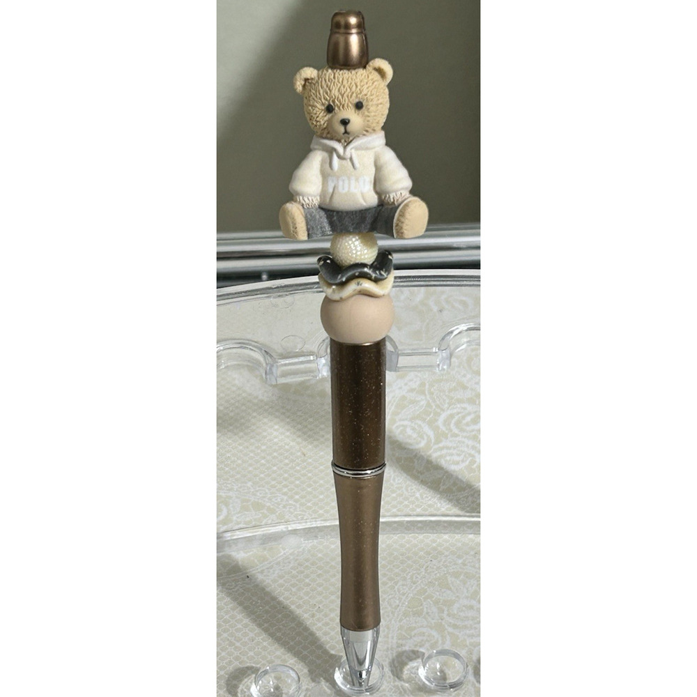 Custom Pen Baby Brown Polo Teddy Bear Beaded Acrylic Black Ink Unique Handmade
